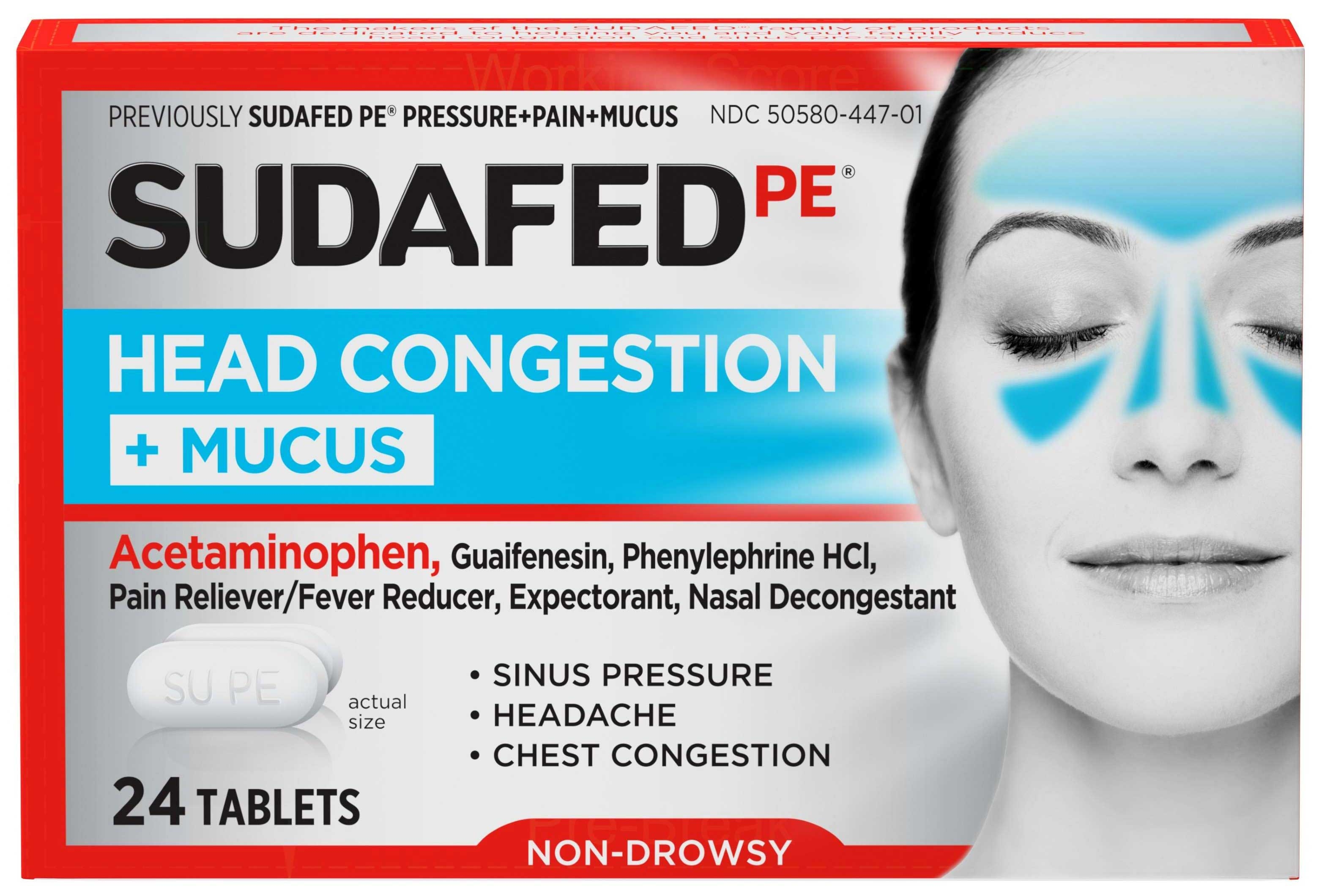 Sudafed PE Head Congestion Plus Mucus Relief Tablets, 24 count per pack -- 72 per case