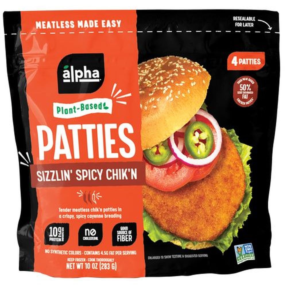 Alpha Foods Sizzlin Spicy Chikn Plant Based Patties, 10 Ounce -- 5 per case
