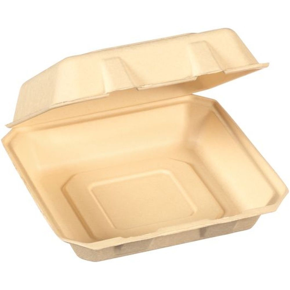 Tellus No PFAS Added Sugarcane Fiber Disposable Clamshell, 9 x 9 inch - 200 per pack -- 4 packs per case