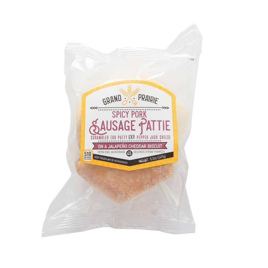 Grand Prairie Foods Spicy Sausage Egg and Cheese Jalapeno Biscuit, 5.3 Ounce -- 24 per case.