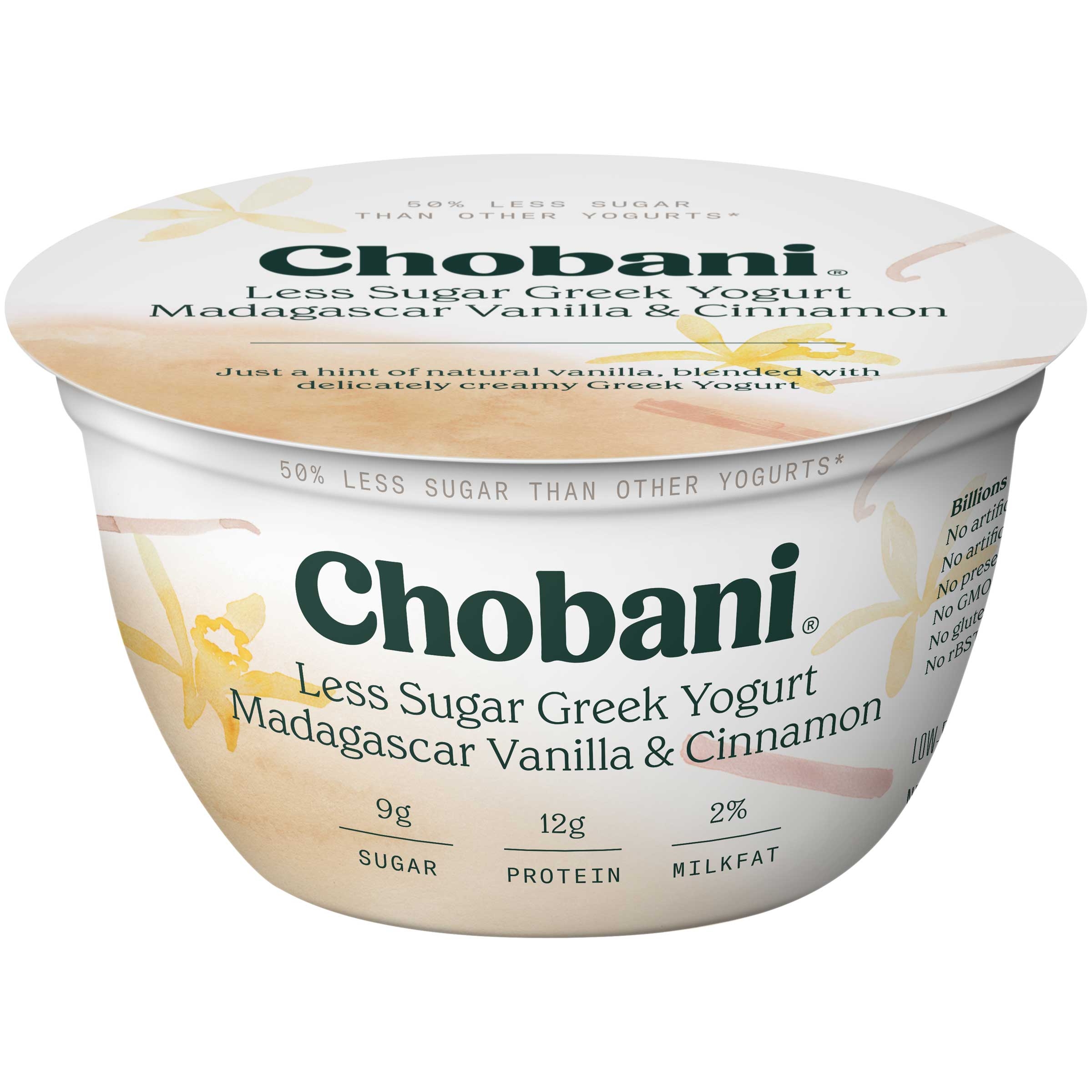Chobani Less Sugar Vanilla Cinnamon Greek Yogurt, 5.3 Ounce -- 12 per case.