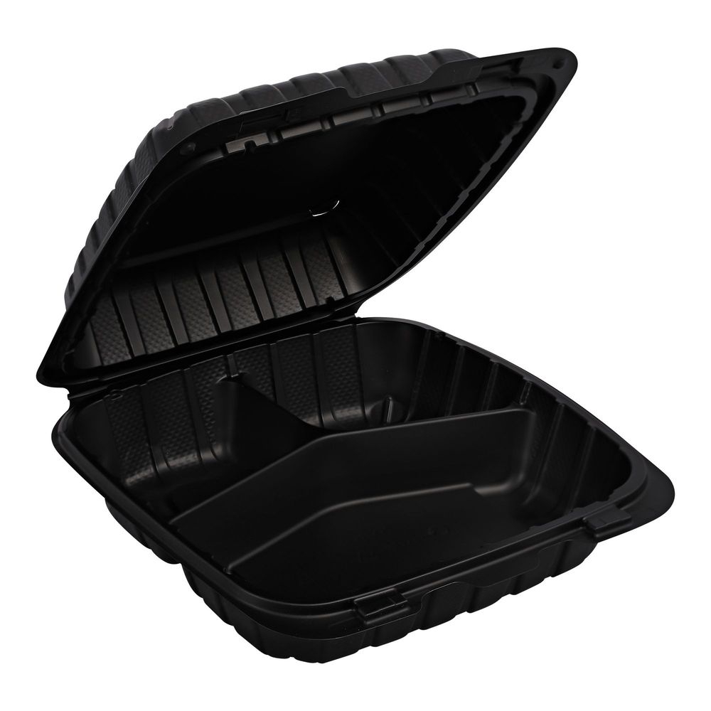 Empress Earth Black Mineral Filled Polypropylene Three Compartment Hinged Container, 8 x 8 x 3 inch -- 150 per case.
