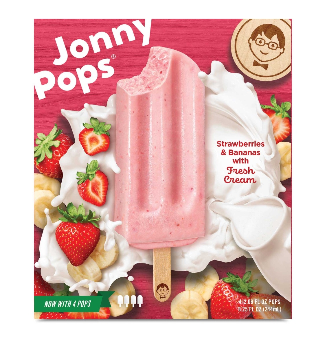 JonnyPops Strawberry Banana and Cream Smoothie Pops, 2.06 Fluid Ounce - 4 count per pack -- 6 packs per case