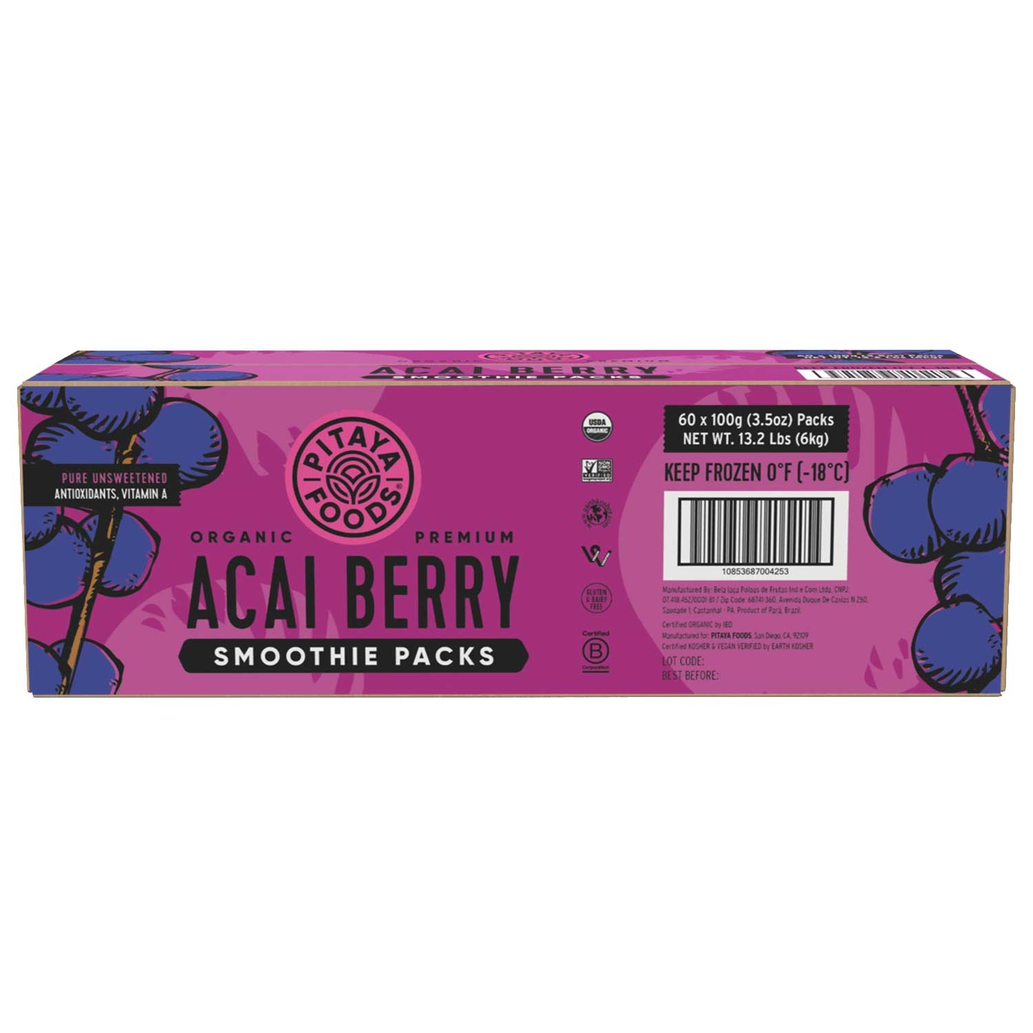 Pitaya Plus 	Orgaic Unsweetened Pure Acai Smoothie Pack, 13.2 Pound