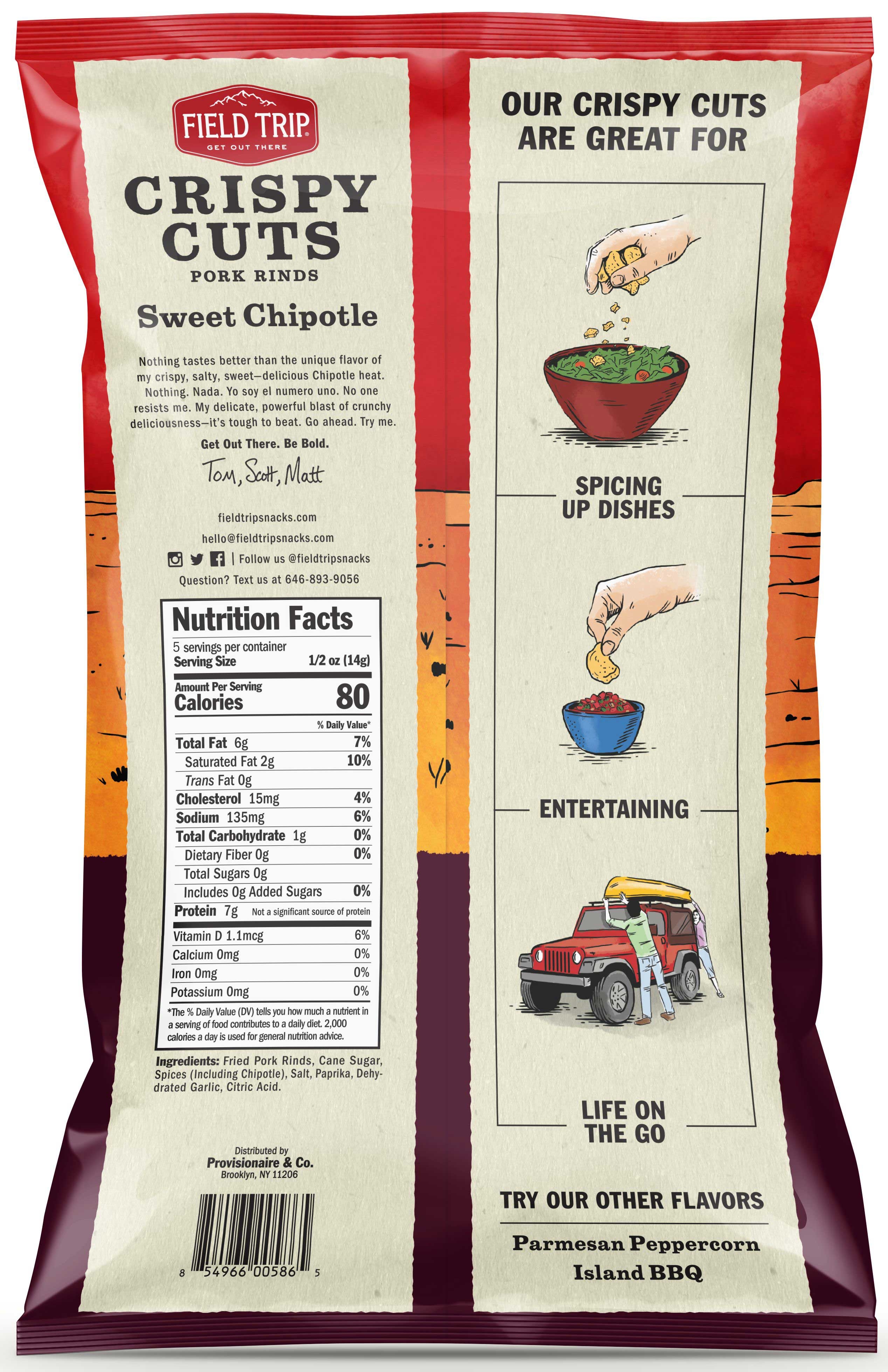 Field Trip Crispy Cuts Sweet Chipotle Pork Rind, 2.5 Ounce -- 10 per case.