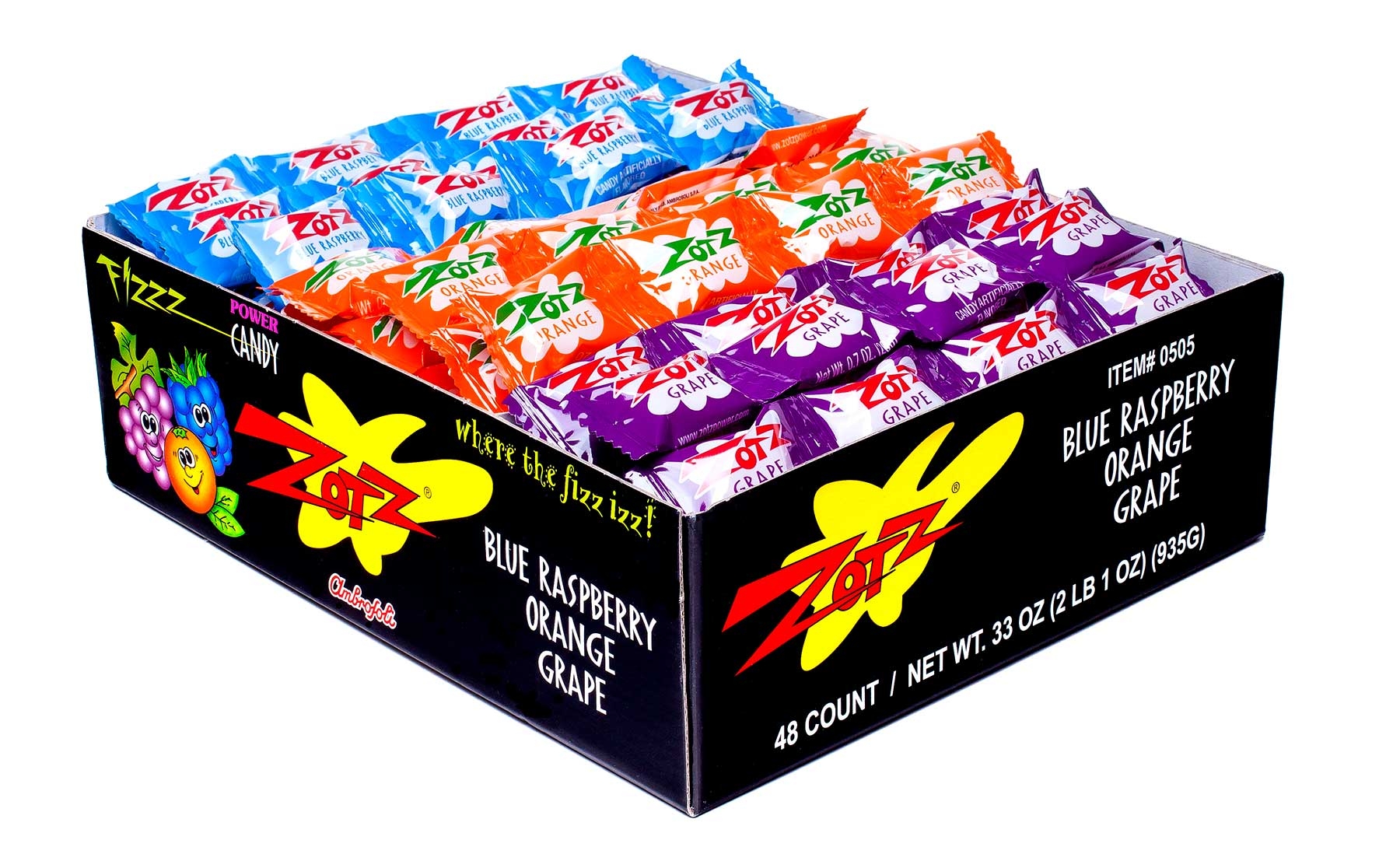 Zotz Blue Raspberry Orange Grape Fizz Power Candy, 0.7 Ounce - 48 per pack -- 12 packs per case.