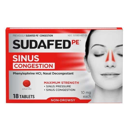 Sudafed PE Non Drowsy Maximum Strength Sinus Congestion Tablets - 18 count per pack -- 72 packs per case