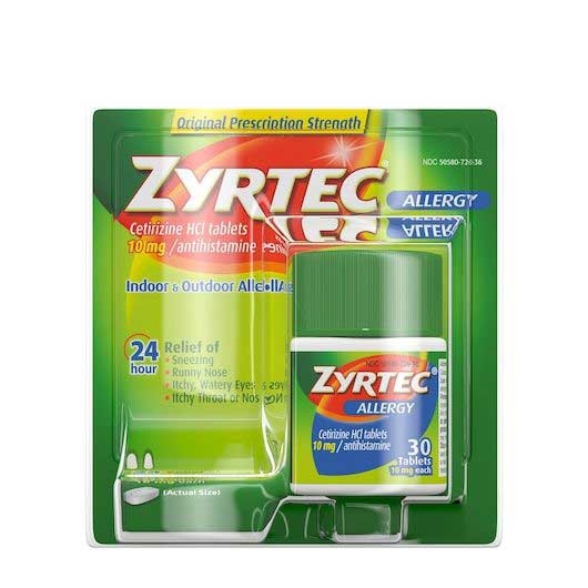 Zyrtec Allergy 24 Hour Indoor and Outdoor Allergies 10 mg Tablets - 30 count per pack -- 24 packs per case