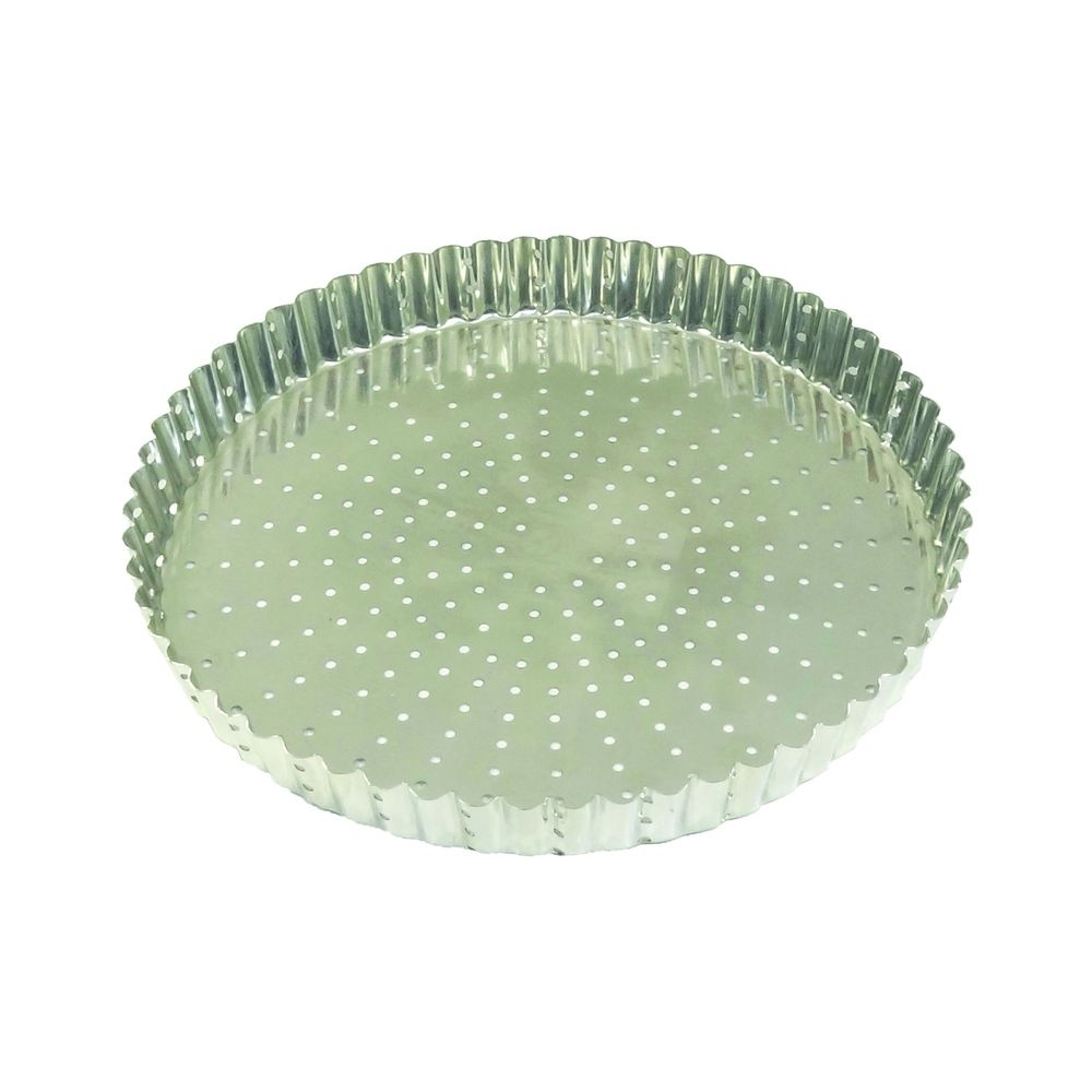 Gobel Tin Plate Perforated Fluted Tart Mold with Fixed Bottom, 9.4 inch Dia x 1 inch Height