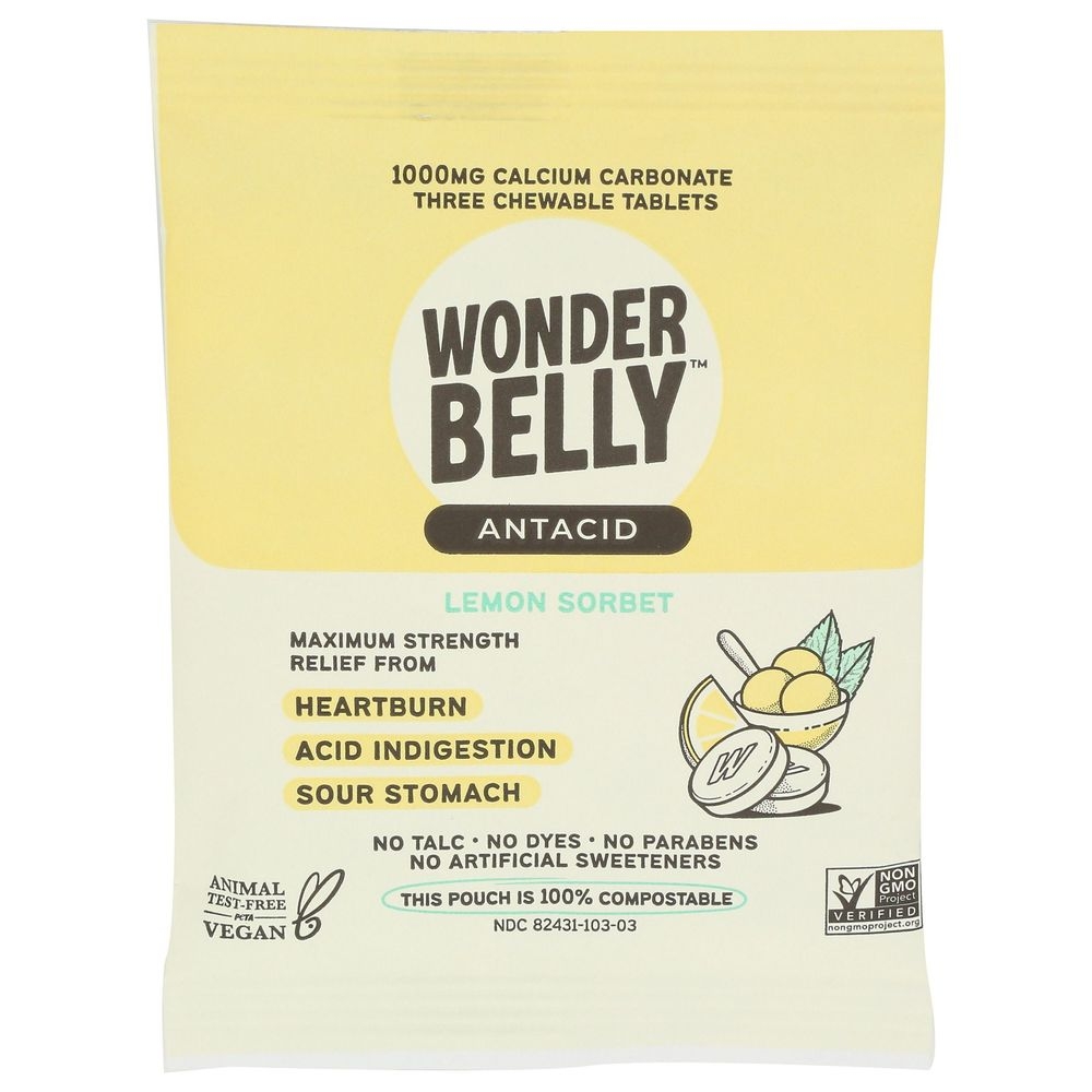 Wonderbelly Lemon Sorbet Antacid Chewable Tablets, 3 count -- 20 per case