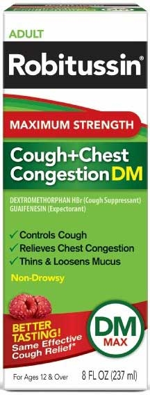 Robitussin Adult Berry Maximum Strength Cough Plus Chest Congestion DM Relief, 8 Fluid Ounce -- 12 per case.