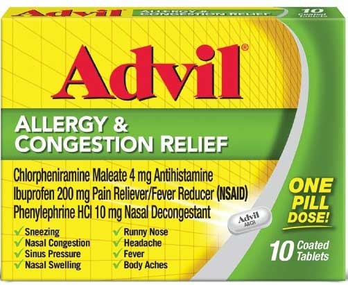 Advil Allergy Congestion Relief Tablet, 10 count per pack -- 72 per case.