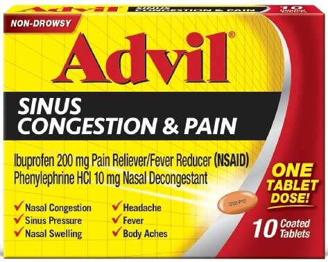 Advil Sinus Congestion and Pain Relief Tablet, 10 count per pack -- 72 per case.