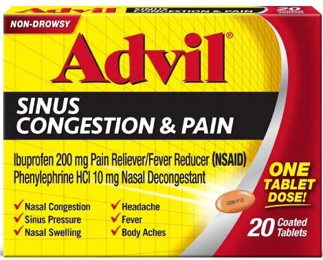 Advil Sinus Congestion and Pain Relief Tablet, 20 count per pack -- 72 per case.