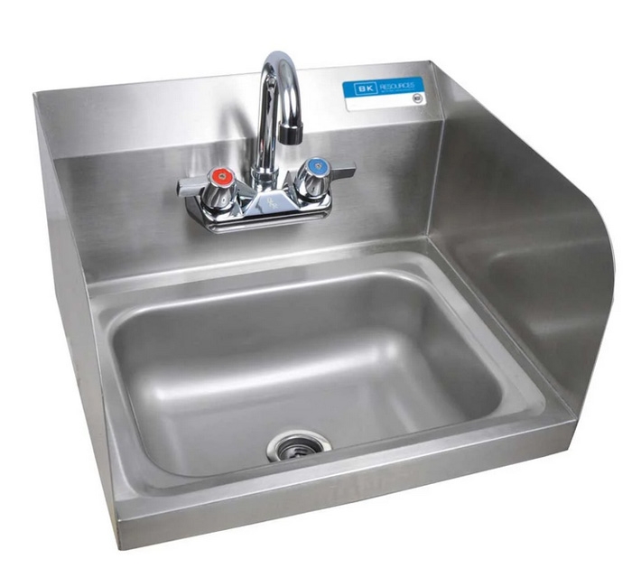 BK Resources 304 Stainless Steel Standard Splash Mount Wall Sink with 14 x 10 x 5 inch Side Splashes Faucet Bowl Size