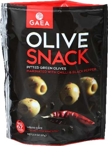 Gaea Pitted Green Olives Marinated with Chili and Black Pepper Snack Pack, 2.3 Ounce -- 8 per case
