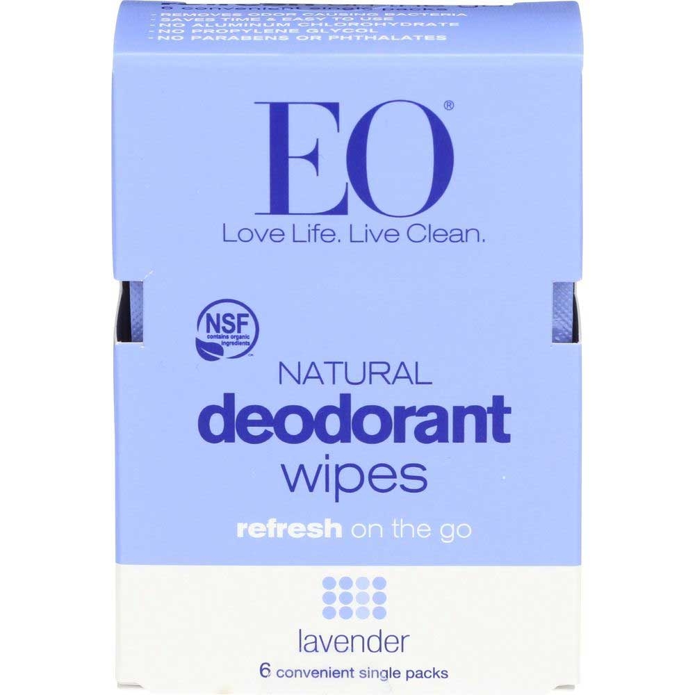 EO Products Natural Lavender Deodorant Wipes - 6 count per pack -- 12 packs per case