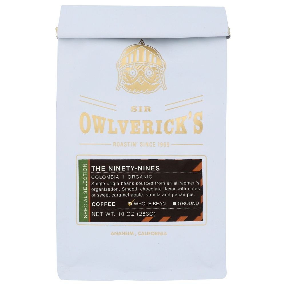 Sir Owlverick Organic The Ninety-Nine Whole Bean Coffee, 10 Ounce -- 8 per case
