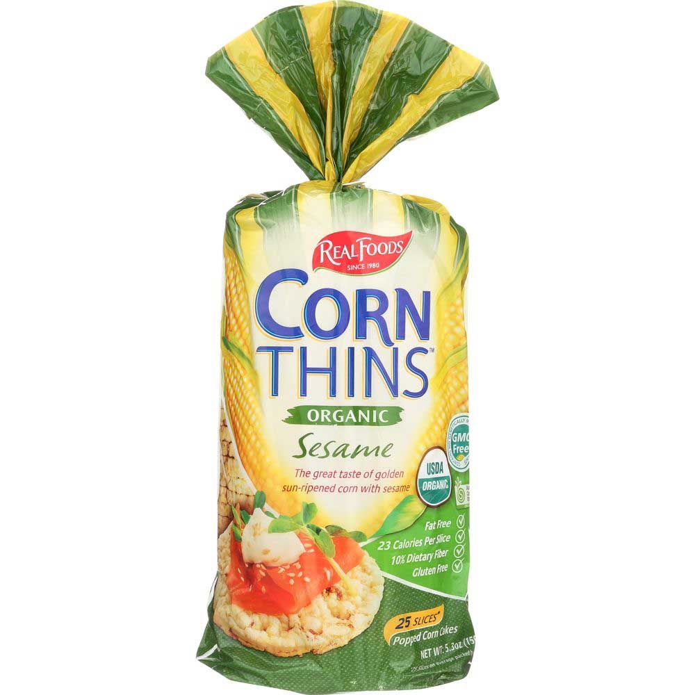 Real Foods Organic Sesame Corn Thins, 5.3 Ounce -- 6 per case.