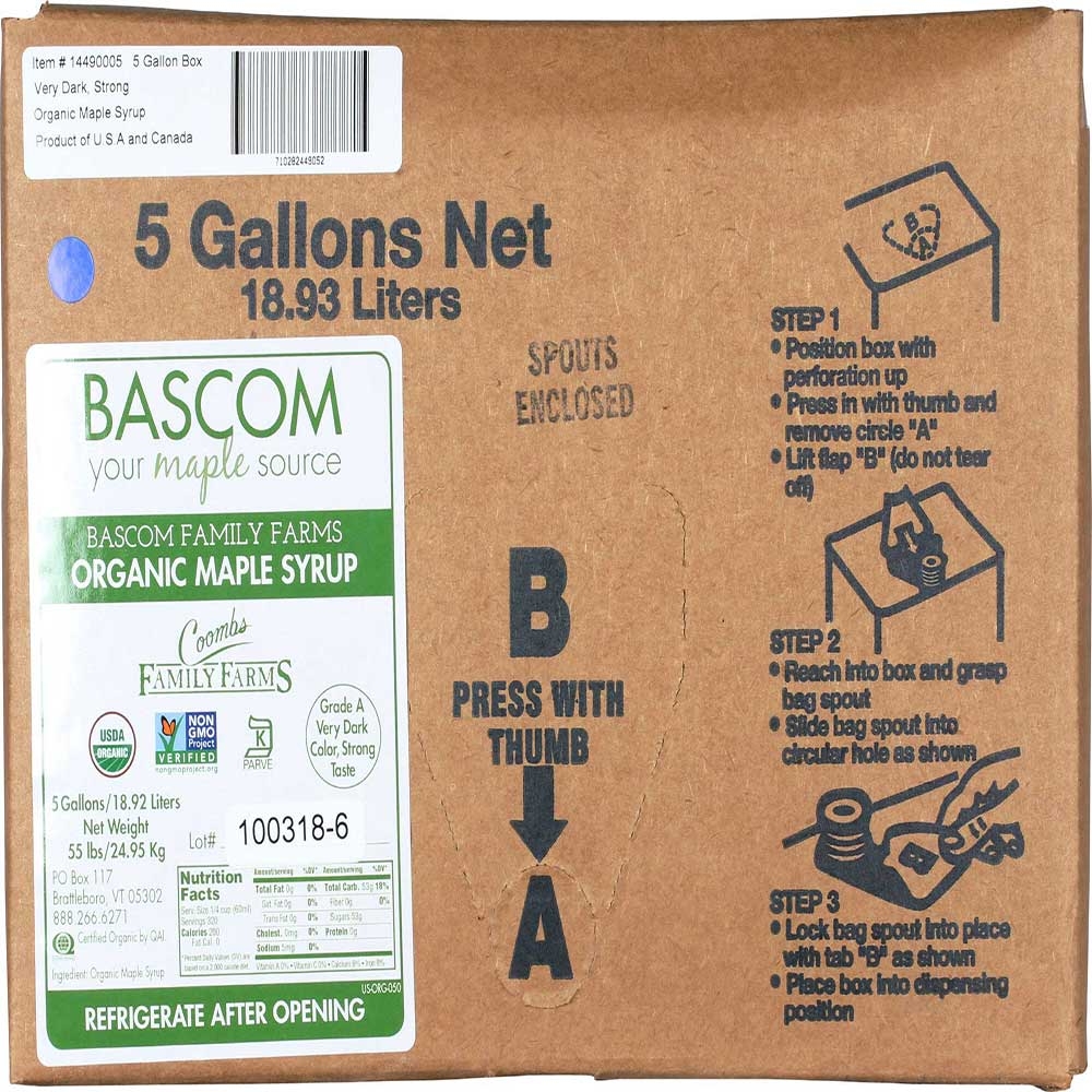 Coombs Family Farms Organic Grade A Very Dark Color Maple Syrup, 5 Gallon