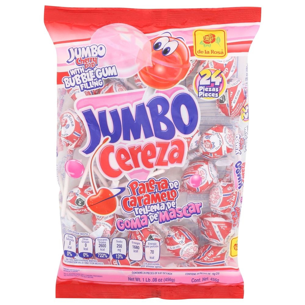 De La Rosa Pop Jumbo Cherry Lollipop with Bubble Gum Filling, 16.08 Ounce -- 25 per case