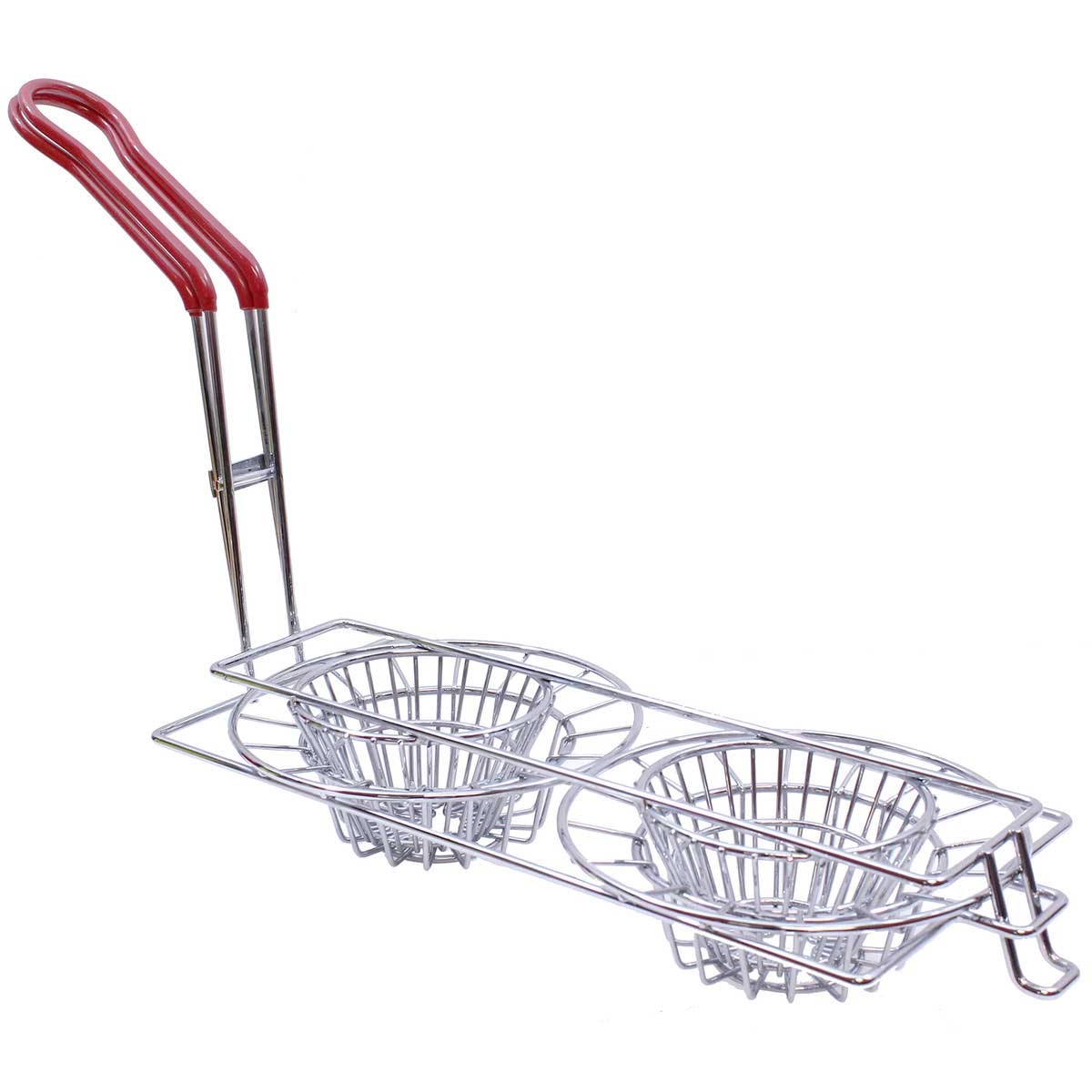 Tablecraft Nickel Plated Steel 8 inch Double Taco Cup Fry Basket with Red Vinyl Handle, 6.75 x 20 x 11.25 inch