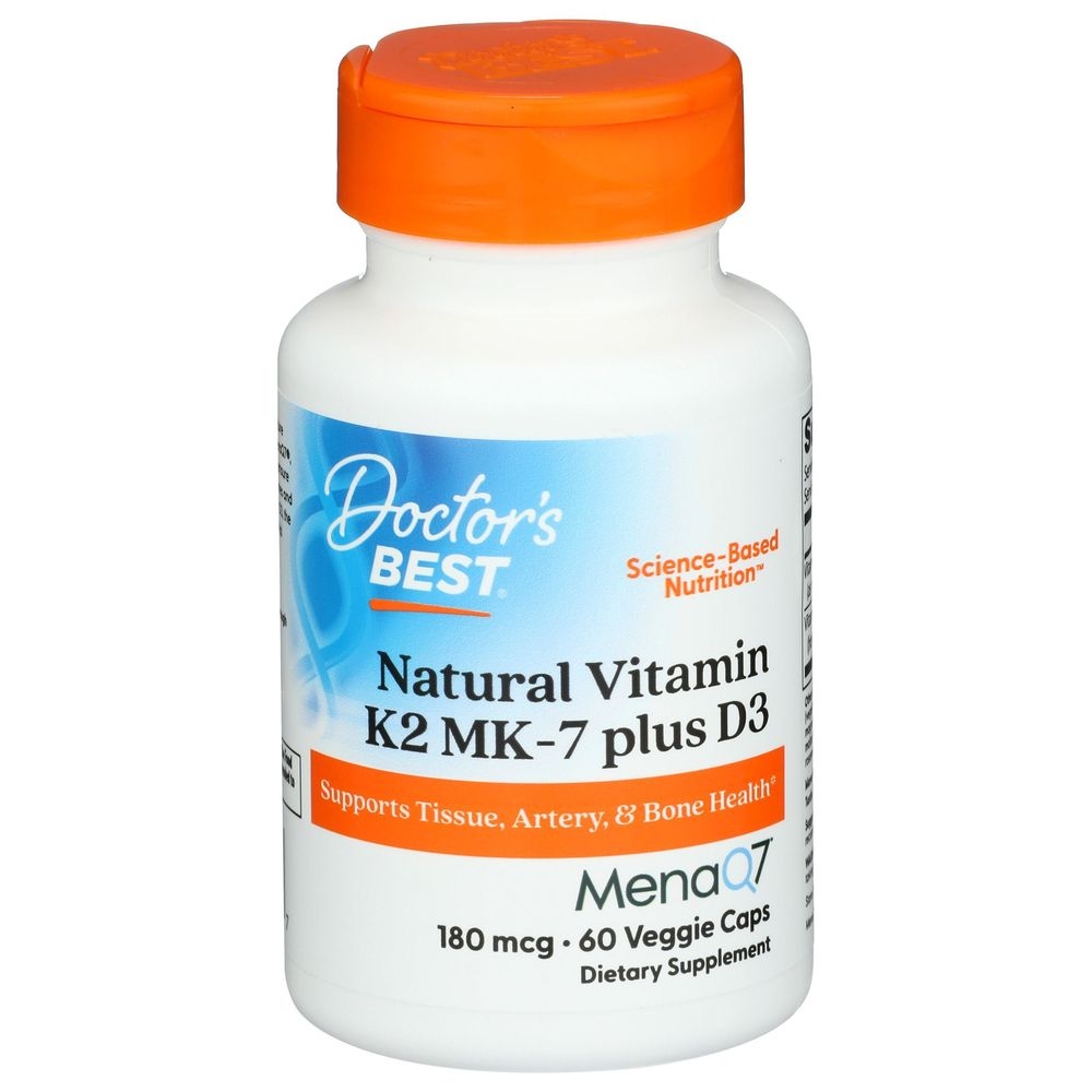 Doctors Best 180mcg Natural Vitamin K2 MK-7 with MenaQ7 Plus Vitamin D3 Veggie Capsules, 60 count