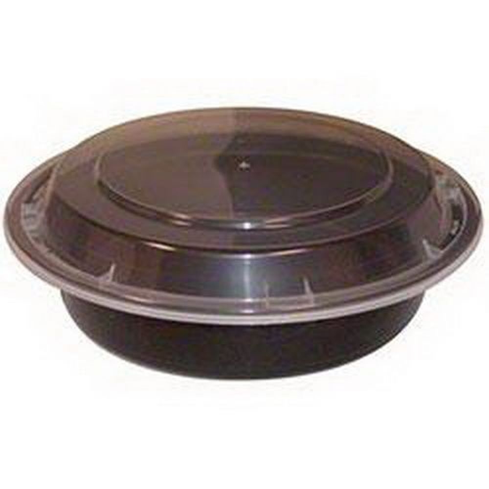 Tripak Round Shallow Black Base Clear Lid Microwaveable Container, 7 inch -- 150 per case.