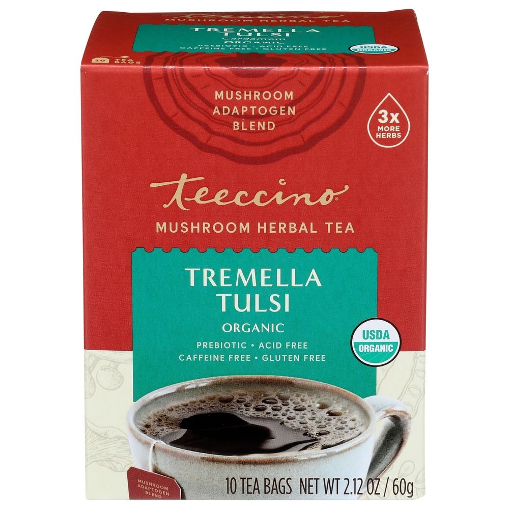 Teeccino Organic Tremella Tulsi Mushroom Herbal Tea, 10 tea bags -- 6 per case