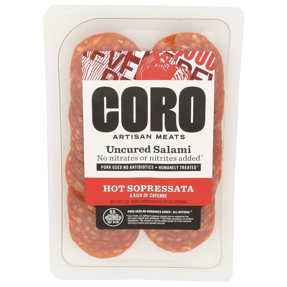 Coro Foods Hot Sopressata Uncured Sliced Salami, 3 Ounce -- 12 per case