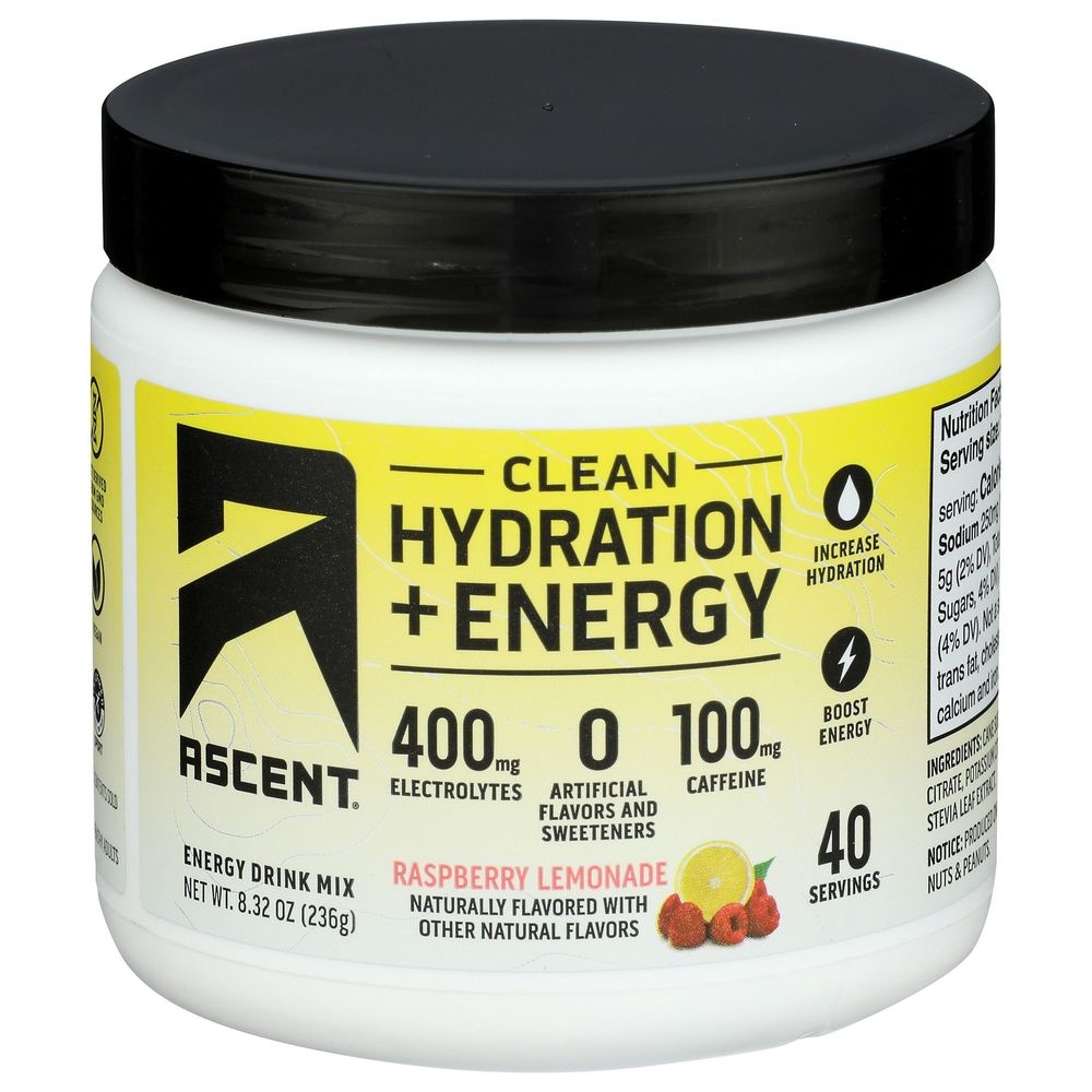 Ascent Raspberry Lemonade Clean Hydration Plus Energy Drink Mix, 8.32 Ounce