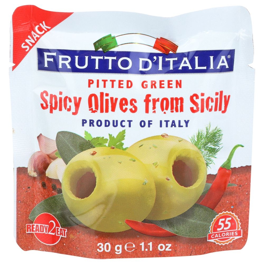 Frutto Ditalia Pitted Green Spicy Olives, 1.1 Ounce -- 60 per case