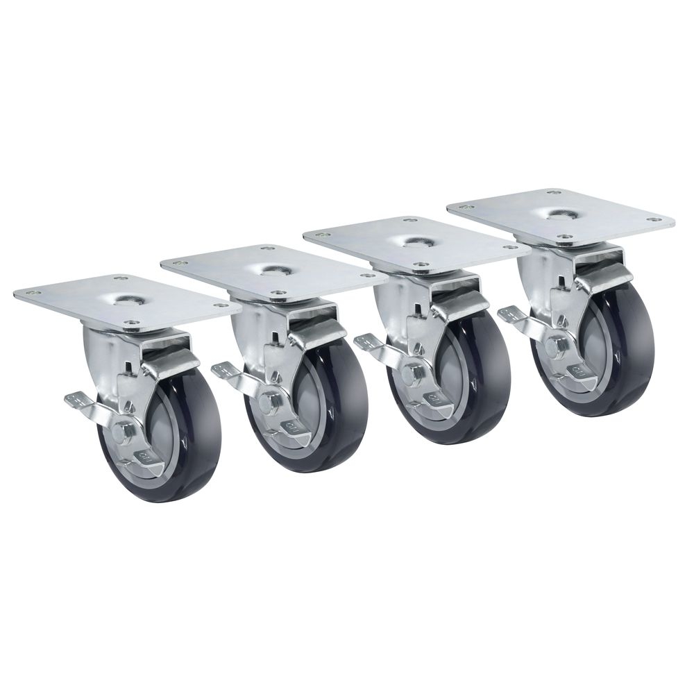 Krowne 5 inch Overall 4 x 5 inch Plate Caster with Side Brake and 4 inch Wheel, set of 4
