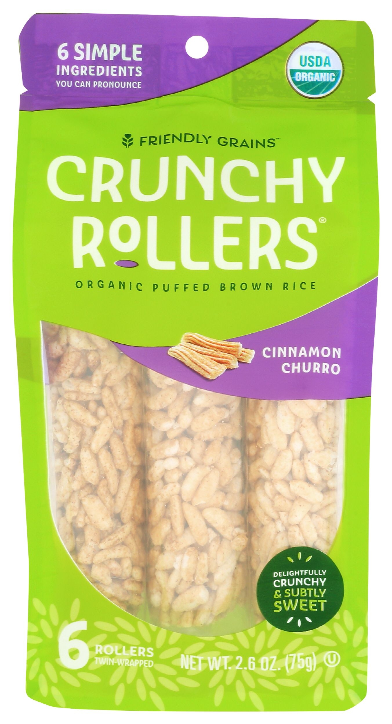Friendly Grains Organic Cinnamon Churro Puffed Brown Rice Crunchy Rollers, 2.6 Ounce -- 9 per case