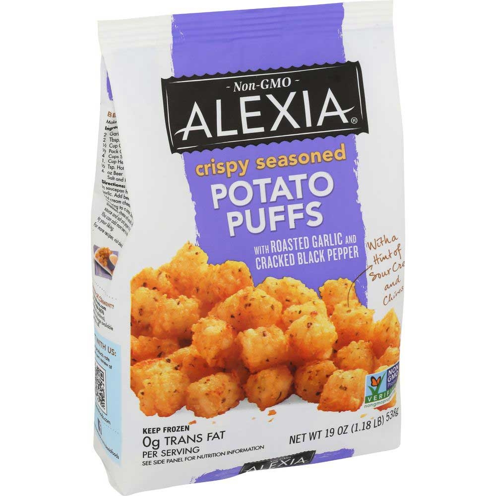 Alexia Foods Crispy Seasoned Potato Puffs with Roasted Garlic and Cracked Black Pepper, 19 Ounce -- 12 per case.