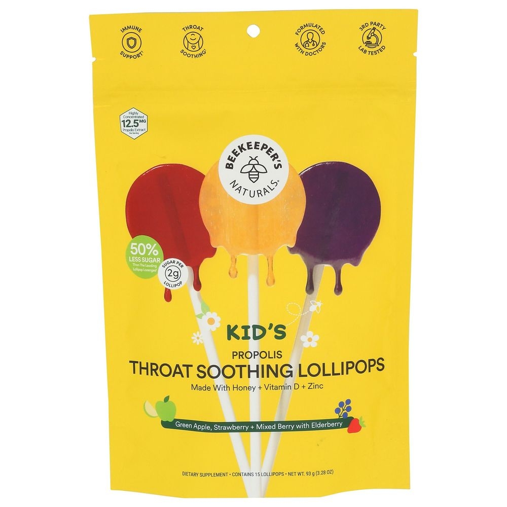 Beekeepers Naturals Kids Green Apple Strawberry Mixed Berry with Elderberry Throat Soothing Lollipop, 15 count