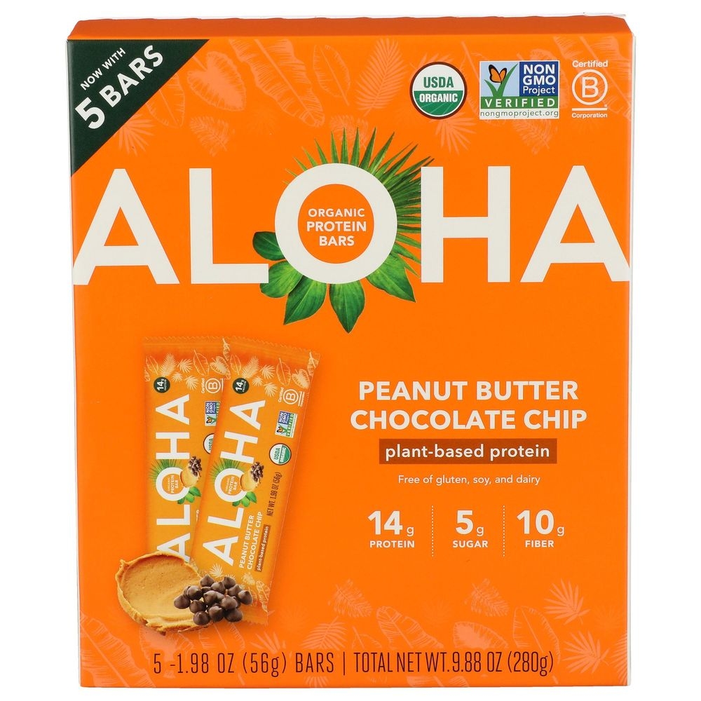 Aloha Organic Peanut Butter Chocolate Chip Protein Bar, 5 count -- 6 per case
