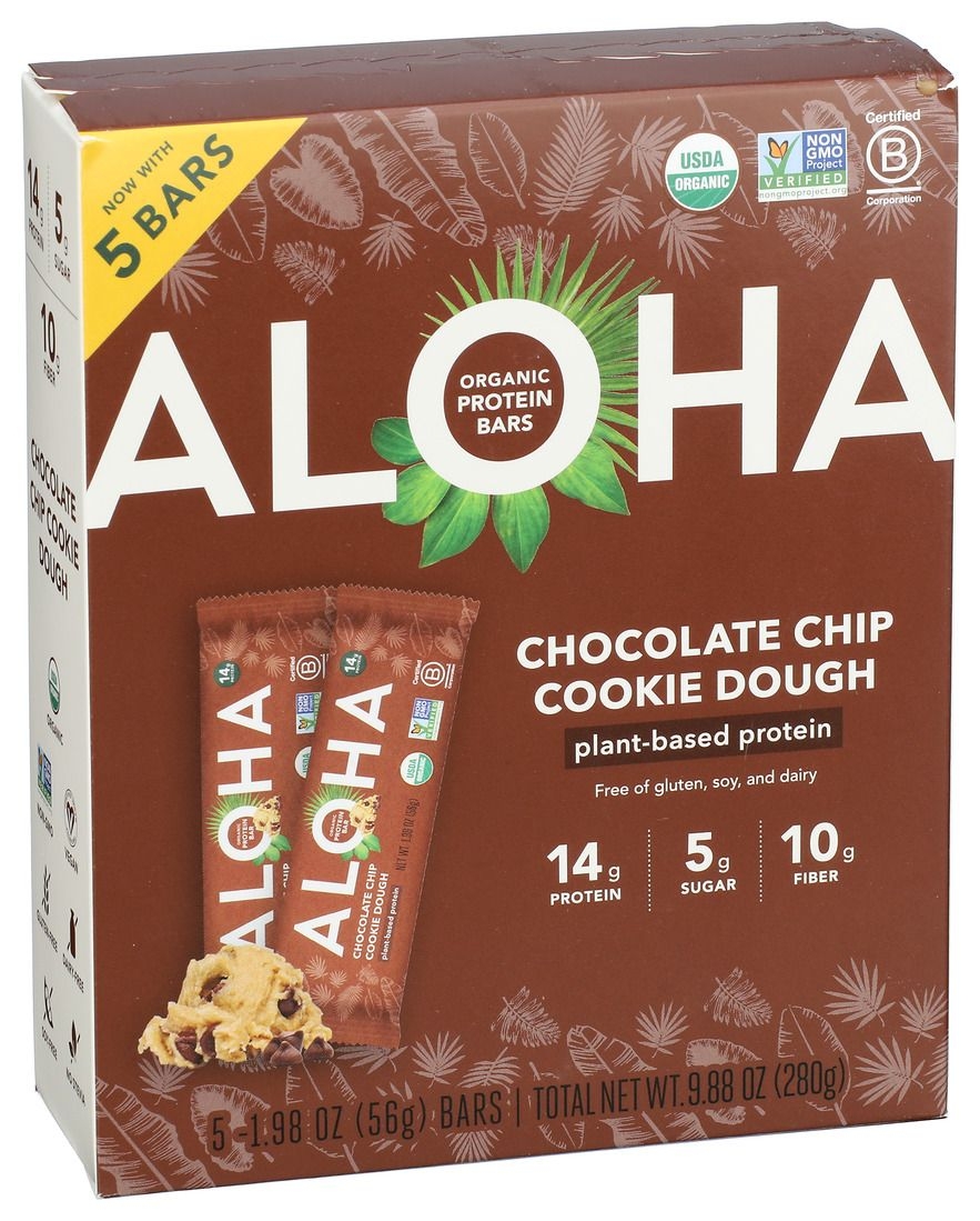 Aloha Organic Chocolate Chip Cookie Dough Protein Bar, 5 count -- 6 per case