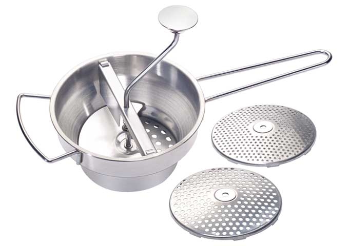 Winco Stainless Steel 2 Quart Food Mill with 3 Graters, 17 1/4 x 8 x 9 inch -- 8 per case