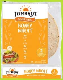 Tumaros Carb Wise Honey Wheat Wraps - 8 count per pack -- 6 packs per case