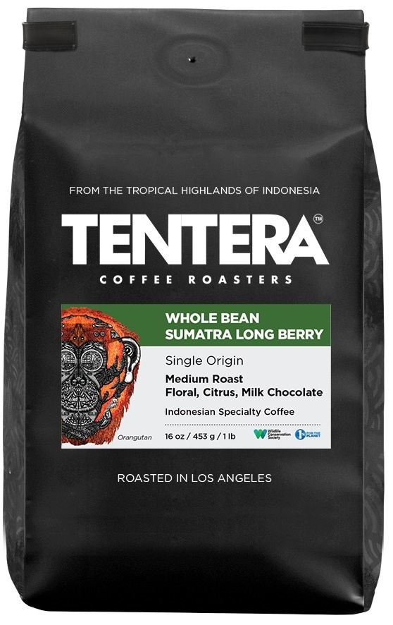 Tentera Whole Bean Sumatra Long Berry Medium Roast Floral Citrus Milk Chocolate Coffee, 6 bags per case