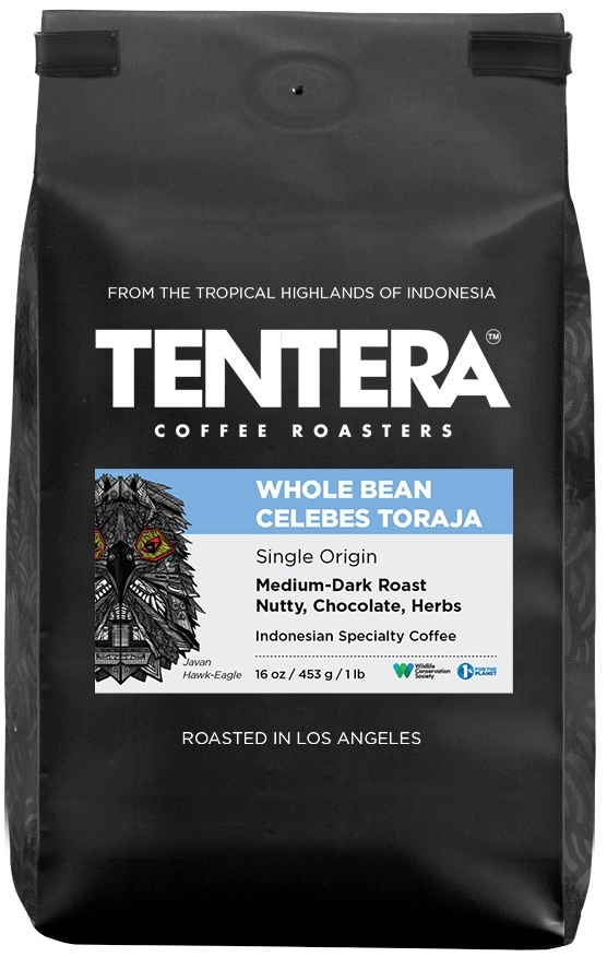 Tentera Whole Bean Celebes Torajas Medium Dark Nutty Chocolate Herbs Coffee, 6 bags per case
