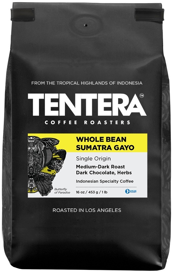Tentera Whole Bean Sumatra Gayo Medium Roast Dark Chocolate Herbs Coffee, 6 bags per case