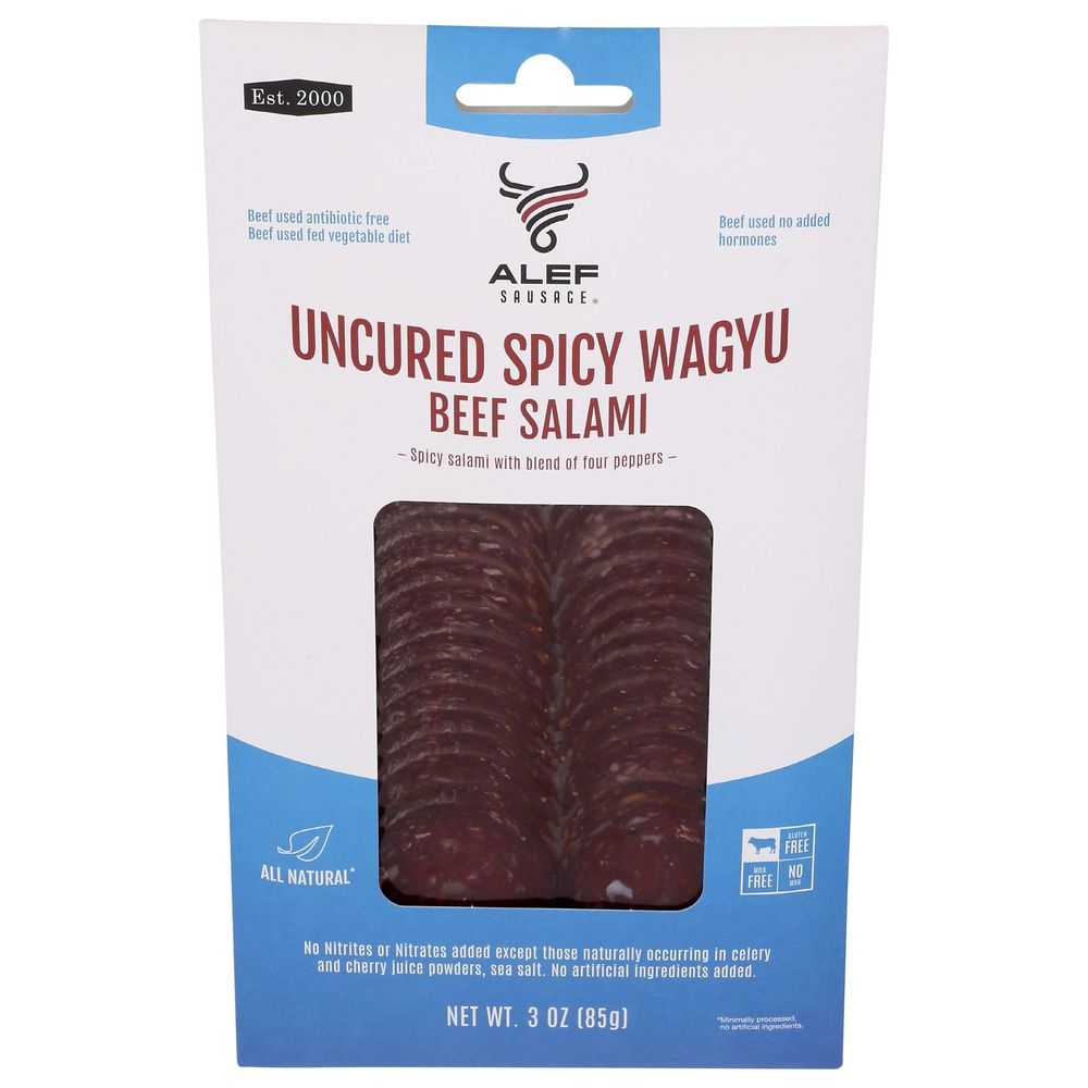 Alef Sausage All Natural Uncured Spicy Sliced Wagyu Beef Salami, 3 Ounce -- 10 per case