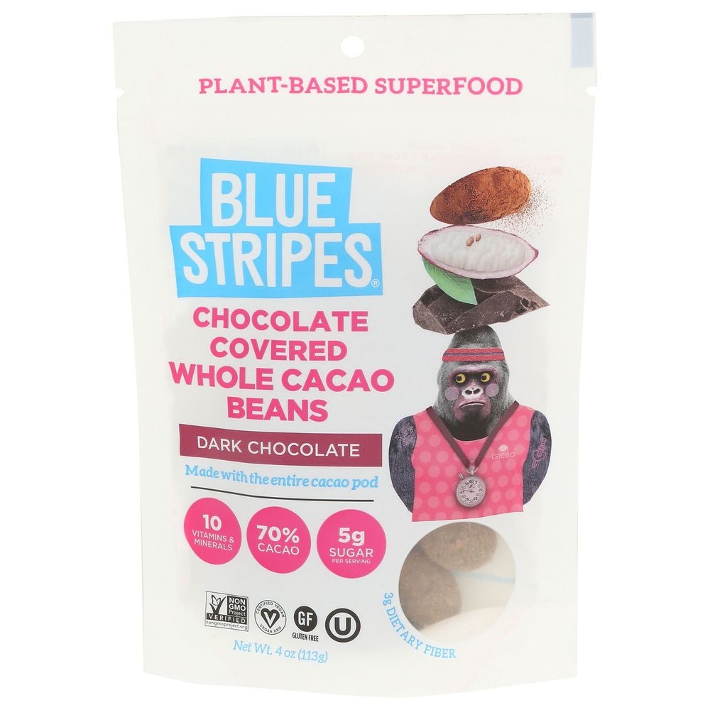 Blue Stripes Dark Chocolate Covered Whole Cacao Beans, 4 Ounce -- 6 per case