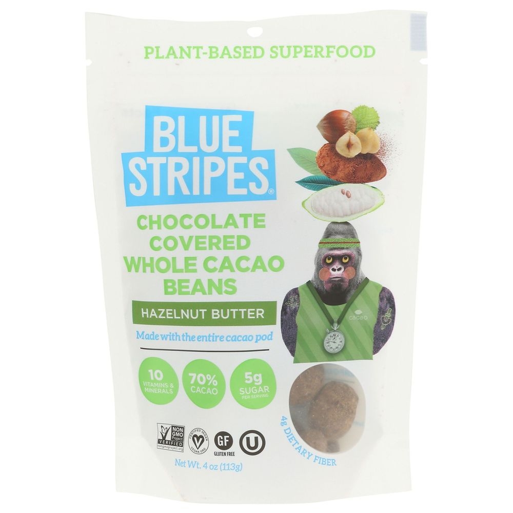 Blue Stripes Hazelnut Butter Chocolate Covered Whole Cacao Beans, 4 Ounce -- 6 per case