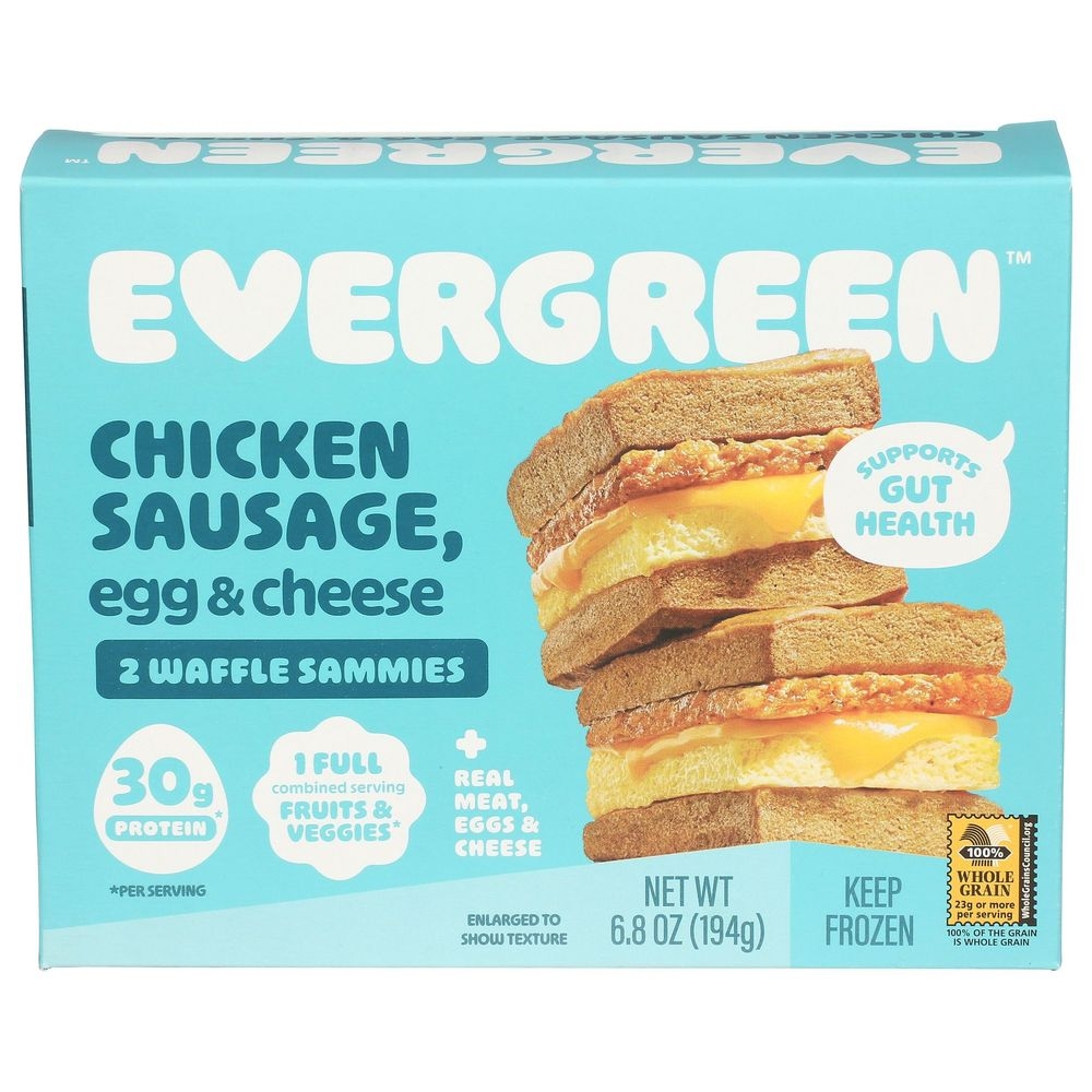 Evergreen Chicken Sausage Egg and Cheese Waffle Sandwich, 6.8 Ounce -- 6 per case.