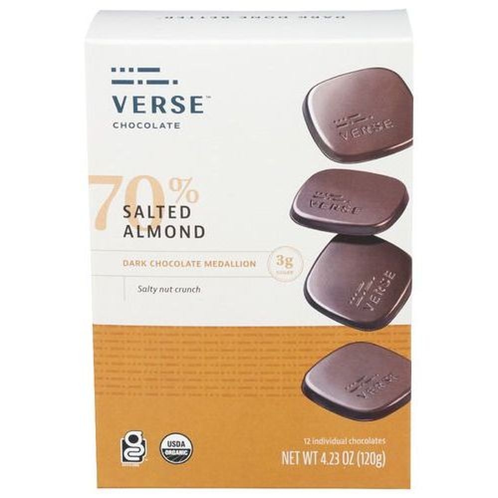 Verse Salted Almond 70 Percent Dark Chocolate Squares, 4.23 Ounce -- 6 per case