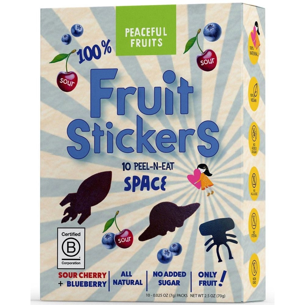 Peaceful Fruits Space Sour Cherry and Blueberry Fruit Stickers, 2.5 Ounce -- 12 per case