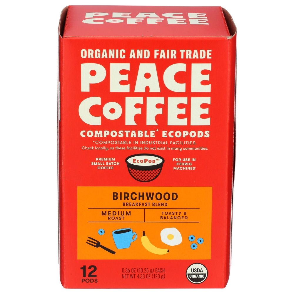 Peace Organic and Fairtrade Compostable Ecopod Birchwood Coffee Pod, 12 count -- 6 per case